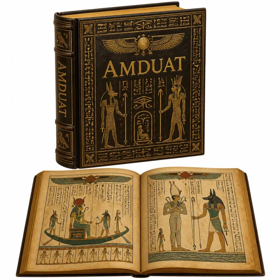 Capa de Amduat e página interna ilustrada com a barca solar de Ré