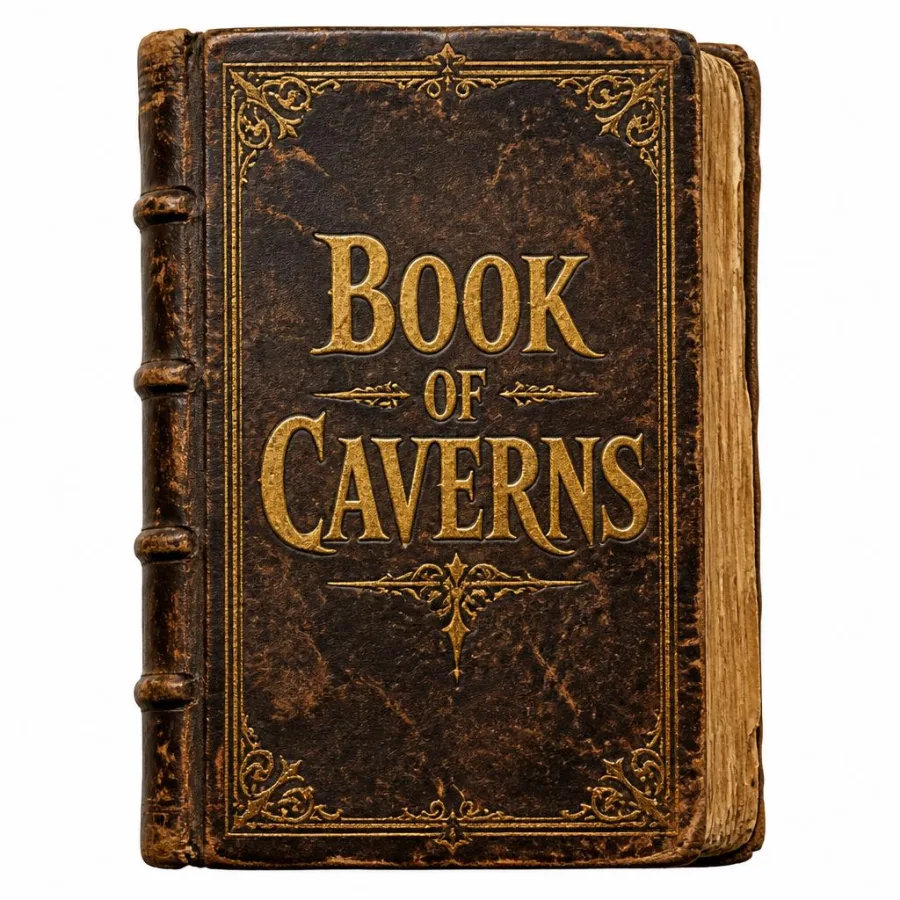 Capa em couro de Book of Caverns com ornamentos dourados