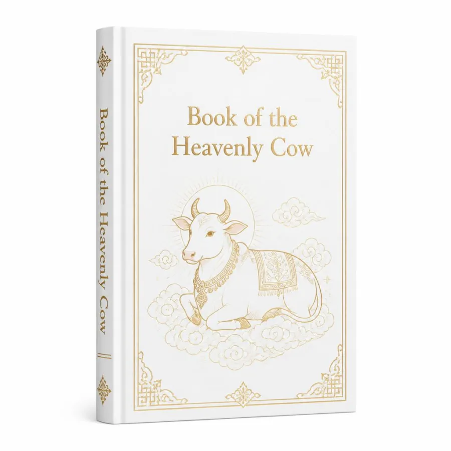 Capa branca de Book of the Heavenly Cow com ilustração dourada da vaca celeste
