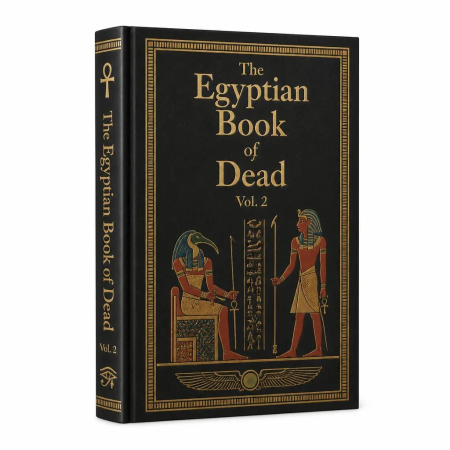 Capa de The Egyptian Book of Dead Vol. 2, capa preta e dourada com Tot e um faraó