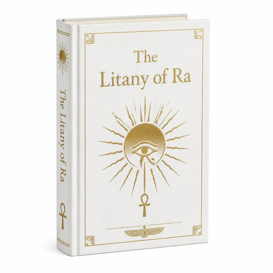 Capa branca de The Litany of Ra com o Olho de Ré gravado a dourado