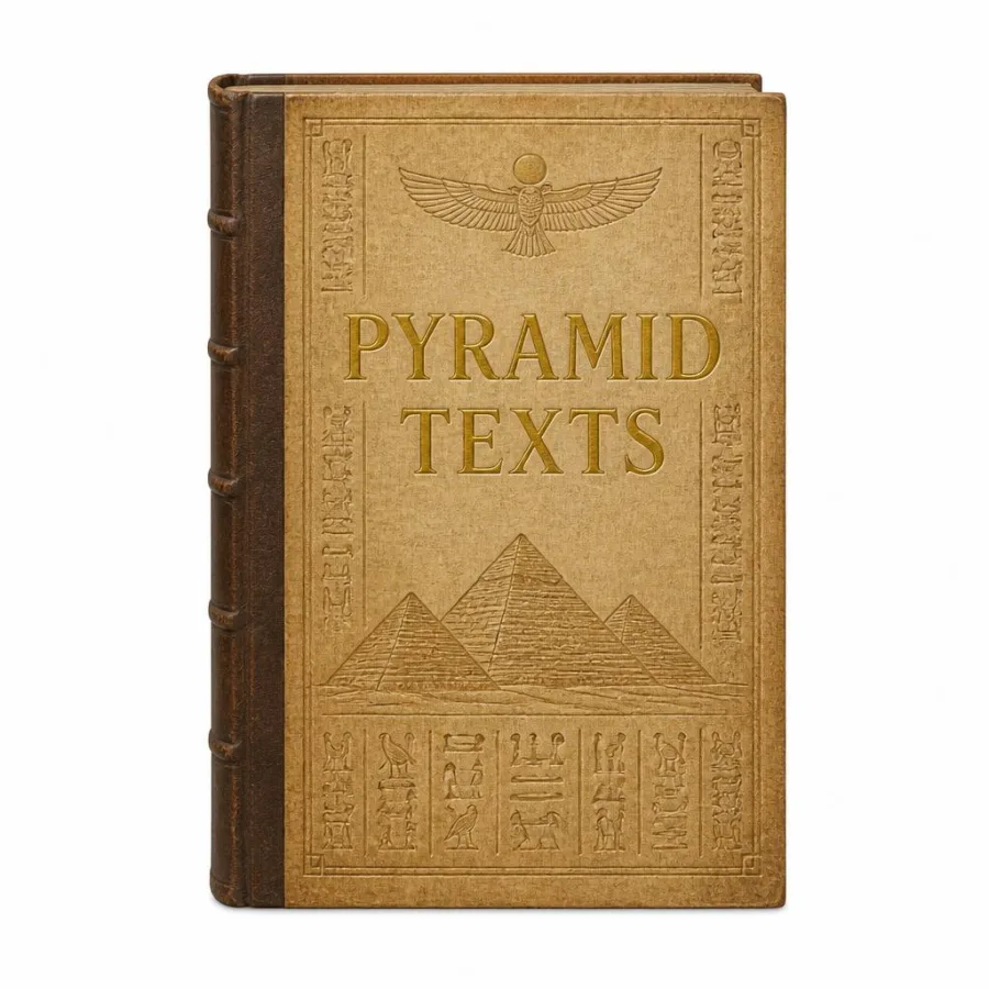 Capa de Pyramid Texts com pirâmides e hieróglifos em relevo dourado